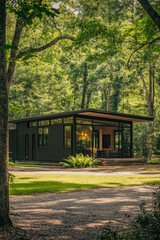 Fototapeta premium Cozy wooden house in the forest with a bridge and gazebo surrounded by trees and autumn foliage in a peaceful park setting