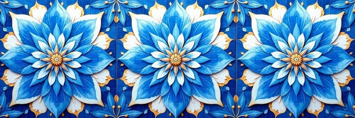 Obraz premium Intricate blue and white lotus flower tile pattern, texture, Indochine