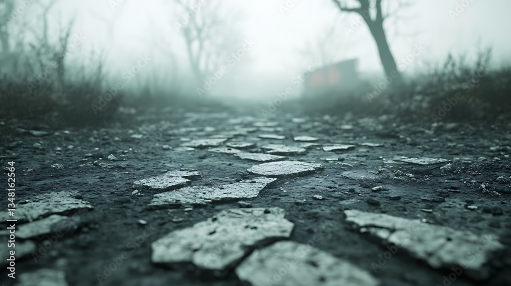 Poster Foggy pathway with cracked ground, surrounded by barren trees and a distant structure.