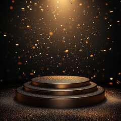 Obraz premium Grand 3-Tier Golden Stage with Confetti and Spotlight for Award and Achievement Ceremony