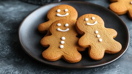 Gingerbread people cookies with icing smiles on a gray plate