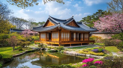 Visiting Korean Traditional House and Garden with Pond During Spring