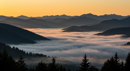 Fototapeta premium Mountains Rising Above Foggy Valley with Dramatic Sky at Sunrise