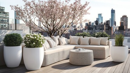 Urban rooftop lounge area with blooming cherry blossoms.  Modern patio furniture, white planters, and a city skyline backdrop