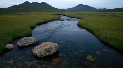 Fototapeta premium Serene mountain stream meanders through a grassy valley. Crystal-clear water reflects the surrounding vegetation and mountains. Large rocks are scattered along the streambed
