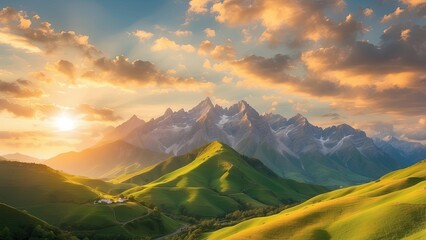 Fototapeta premium A picturesque landscape featuring a lush green hillside bathed in warm sunlight,