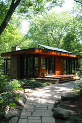 Naklejka premium Traditional wooden gazebo in a peaceful park surrounded by trees and nature, blending with a serene garden and forest landscape, evoking a calm summer day in a Japanese village