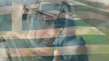 Aiming rifle, soldier with Greek flag overlay in outdoor animation scene - Powered by Adobe