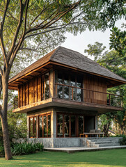 Old wooden house in the forest with traditional architecture surrounded by trees and nature