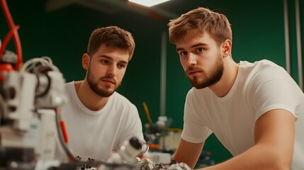 Two engineers intently focused on a robotics project working together to design test and develop innovative technological solutions