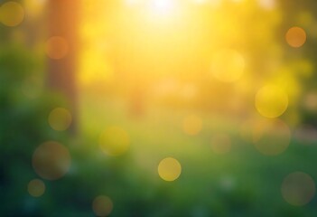Obraz premium Generative AI, Abstract Bokeh Background with Warm Sunlight and Green Hues, creating a serene and inviting atmosphere