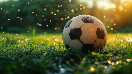 Fototapeta premium Classic soccer ball on green wet grass at sunset with raindrops