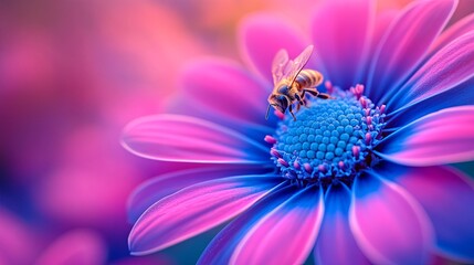 Fototapeta premium Busy bee pollinates vibrant flower in a colorful garden during a sunny afternoon in spring