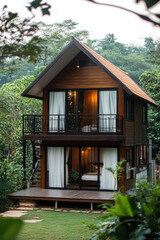 Old wooden cottage in a rural park with a garden, surrounded by trees and nature, featuring a traditional roof and windows under a clear summer sky