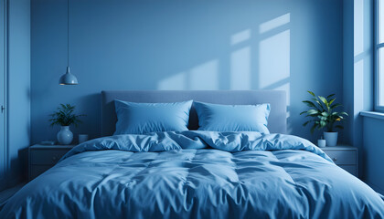 A stylish blue bedroom featuring a modern design, bathed in natural light for a serene and inviting atmosphere.

