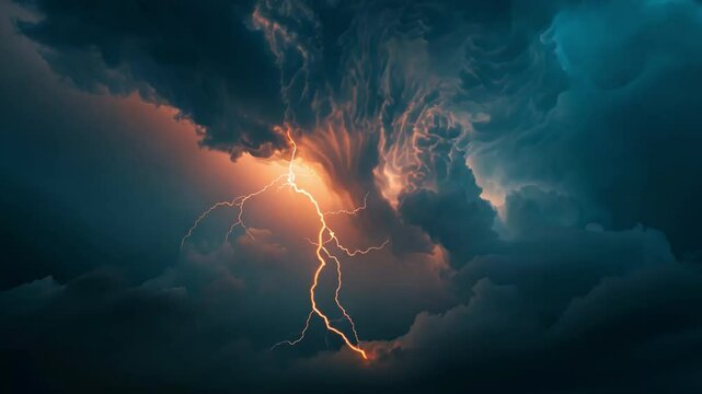 A dramatic lightning strike illuminates dark storm clouds, showcasing the power and beauty of nature's thunderstorms.