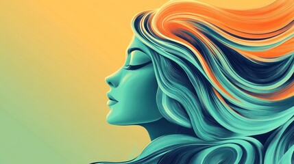 A woman's profile with flowing hair in turquoise and orange hues against a yellow and green background