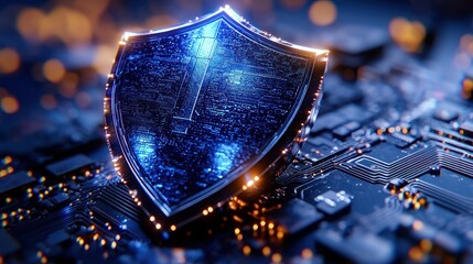 Glowing shield symbol atop a detailed circuit board; bokeh lights surround