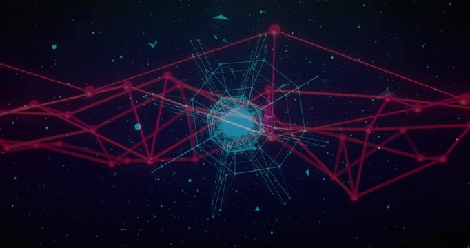 Animation of red and blue lines forming geometric network in digital structure