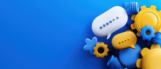 Abstract 3D Rendering of Communication Process with Gears and Speech Bubbles on Blue Background