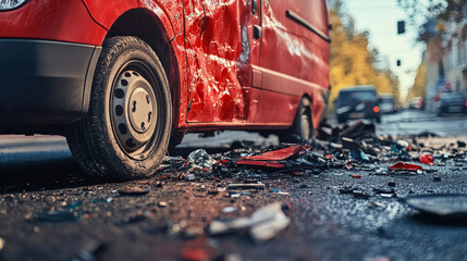 Crashed Red Van Showing Extensive Side Damage Debris on Wet Asphalt Street With Blurred City in Background During Daylight