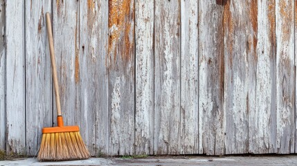 A broom leaning against a weathered wooden wall outdoors