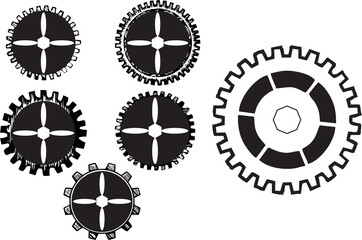 Hand drawn gear and bicycle stars. Industrial profiled wheel with teeth that engages with a chain. Transmission cogwheels and gears for machines. Coordination and cooperation symbols. 