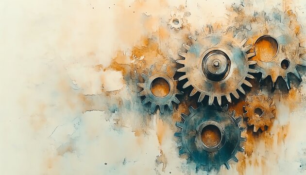 Watercolor effect closeup of intricate gears interlocking, with soft tones and delicate details, set against a light and airy background