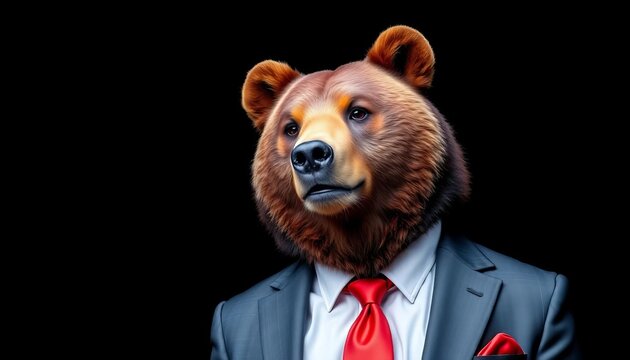 A bear in a business suit and red tie, against a black background, stockbroker, loss - Powered by Adobe
