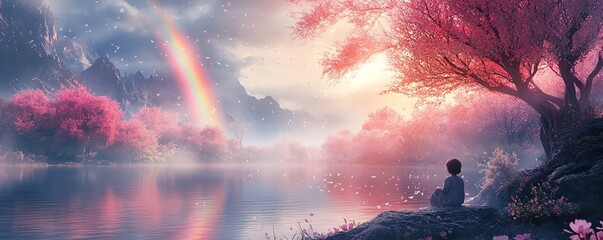 Fototapeta premium Whimsical scene of a child by a tranquil river, mesmerized by a colorful rainbow, with pink trees and delicate raindrops adding to the serene atmosphere