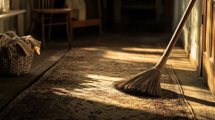 An old fashioned broom rests against a door on a rug