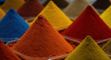Colorful Spice Powder Piles in Trays Vivid Variety of Pigments