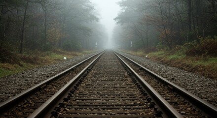 Fototapeta premium Railroad Tracks Disappearing Into Foggy Forest Landscape Atmospheric Perspective
