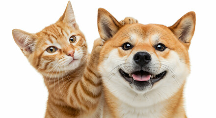 Playful Orange Tabby Cat and Shiba Inu dog