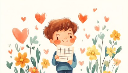 A joyful boy holding a checkmarked paper, surrounded by colorful hearts and blooming flowers, symbolizing positivity and accomplishment