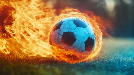 Fototapeta premium Fiery soccer ball rolling on field, intense action and power concept