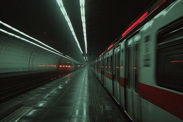Obraz premium Urban subway train speeding through a dimly lit underground station at night