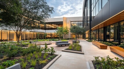 Fototapeta premium Serene Courtyard Oasis: Modern Architectural Design and Landscaping