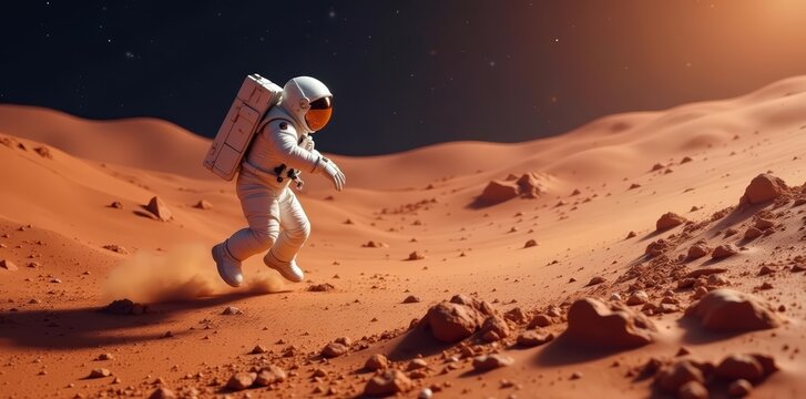 Astronaut in white space suit floating above Mars surface during space walk exploration, astronaut, discovery, red planet