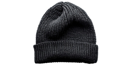 Knitted black beanie isolated on transparent background representing winter fashion