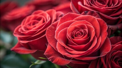Obraz premium Crimson Embrace: A close-up shot showcasing a bouquet of lush, velvety red roses in full bloom. The rich hues and delicate textures create a captivating display of beauty and romance.