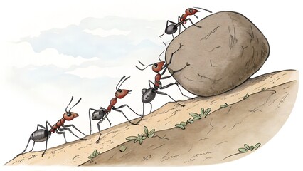 Ants' Collaborative Endeavor: A watercolor illustration captures ants working together, showcasing the power of teamwork and collective effort in carrying a large rock uphill against a light blue sky.