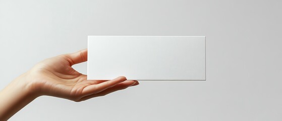 Obraz premium Closeup of a human hand holding a blank business card against a pure white background, mockup template, minimalistic design, ultrarealistic, 8K