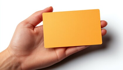 Detailed closeup of a human hand offering a blank business card, perfect for creative mockup designs, isolated on a clean white background, highdefinition, 4K