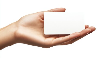 Obraz premium Detailed closeup of a human hand offering a blank business card, perfect for creative mockup designs, isolated on a clean white background, highdefinition, 4K