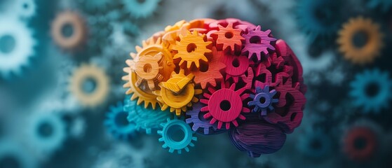 Detailed image of colorful wooden gears interacting with a human brain, symbolizing creativity, individuality, and problemsolving in autism and neurodiverse minds, sleek design, 8K