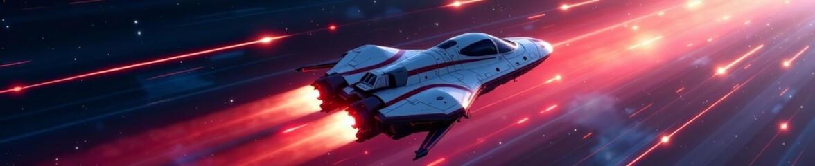 Spaceship with red and blue stripes soaring through the cosmos, futuristic, cosmic, stars