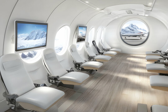 Luxurious private jet interior design showcasing comfortable seating, large windows with stunning mountain views, and personal entertainment screens.