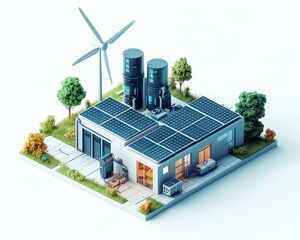 Futuristic isometric 3D render of a smart power system integrating wind energy