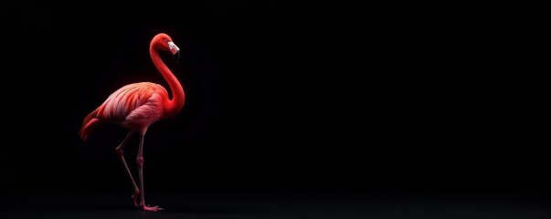 Stylish flamingo standing tall against black background, elegant, pose